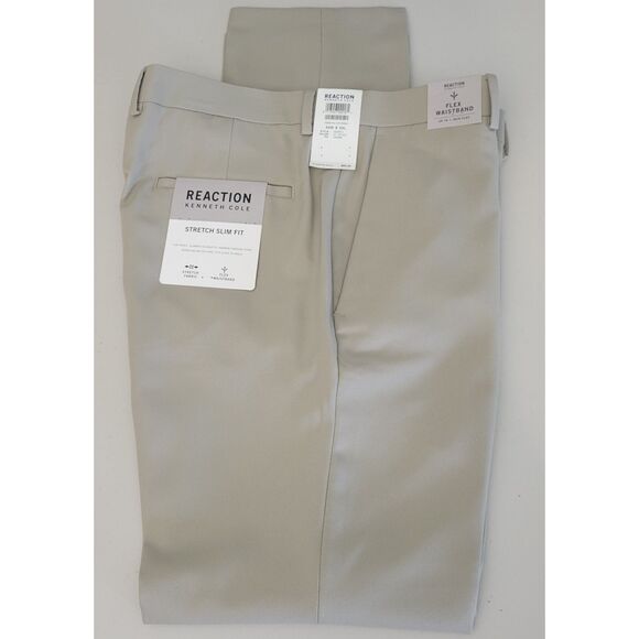 Reaction Kenneth Cole Mens 34W x 32L Gabardine w/Stretch Stone Plain Front Pants - Picture 1 of 12